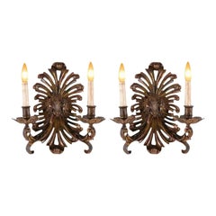 Pair of Italian Traditional 2-Light Wall Sconces – Fretwork Plume Design