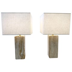 Pair of Italian Travertine and Brass Table Lamps by Raymor