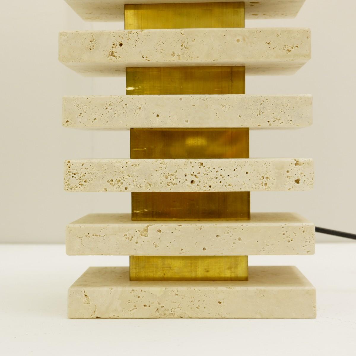 Pair of Italian travertine and brass table lamps - black shades with gold interior.