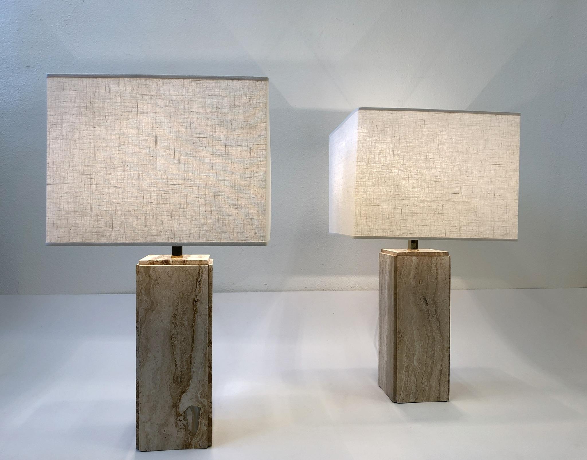 Pair of Italian Travertine and Brass Table Lamps by Raymor  In Excellent Condition In Palm Springs, CA