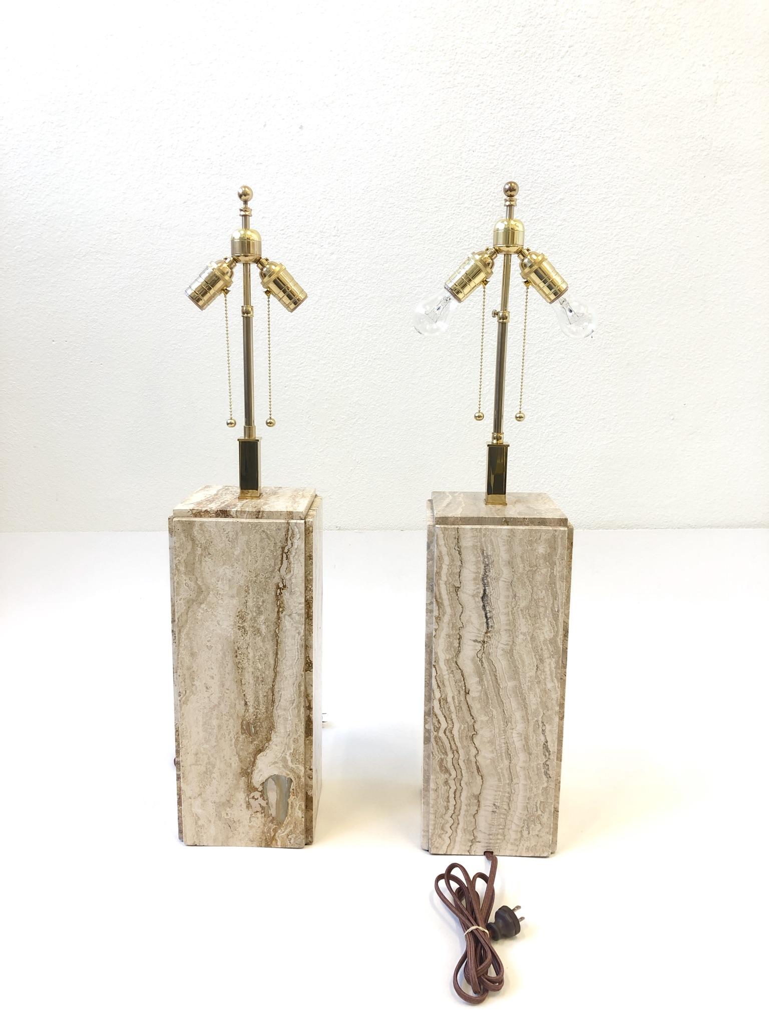 Pair of Italian Travertine and Brass Table Lamps by Raymor  1