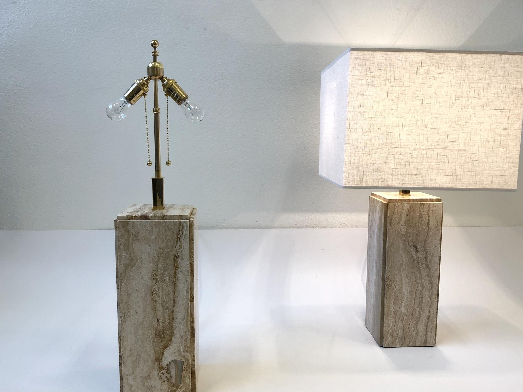 Pair of Italian Travertine and Brass Table Lamps by Raymor  2