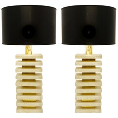 Pair of Italian Travertine and Brass Table Lamps