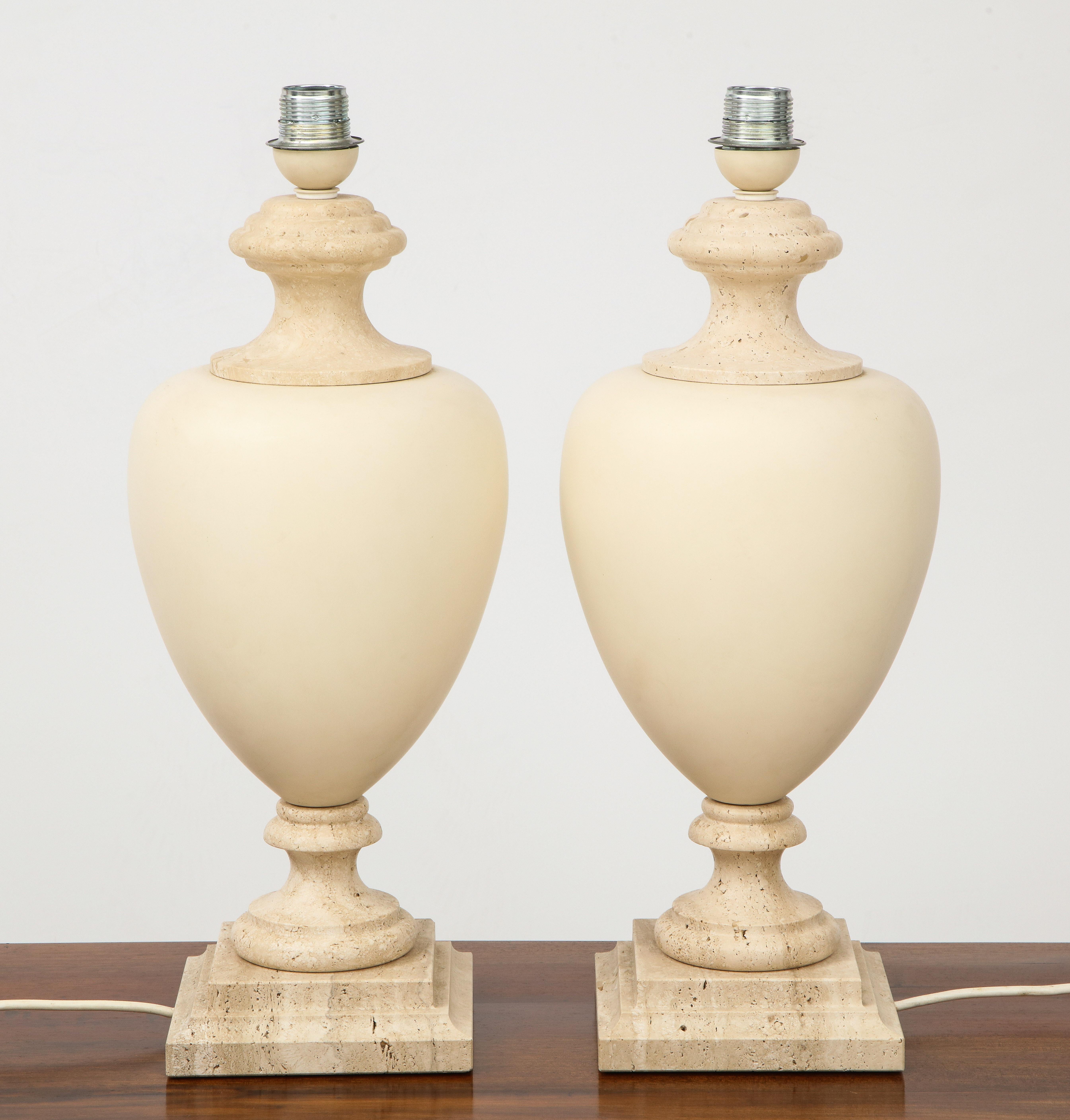 Pair of Italian Travertine and Ceramic Baluster Form Table Lamps 6