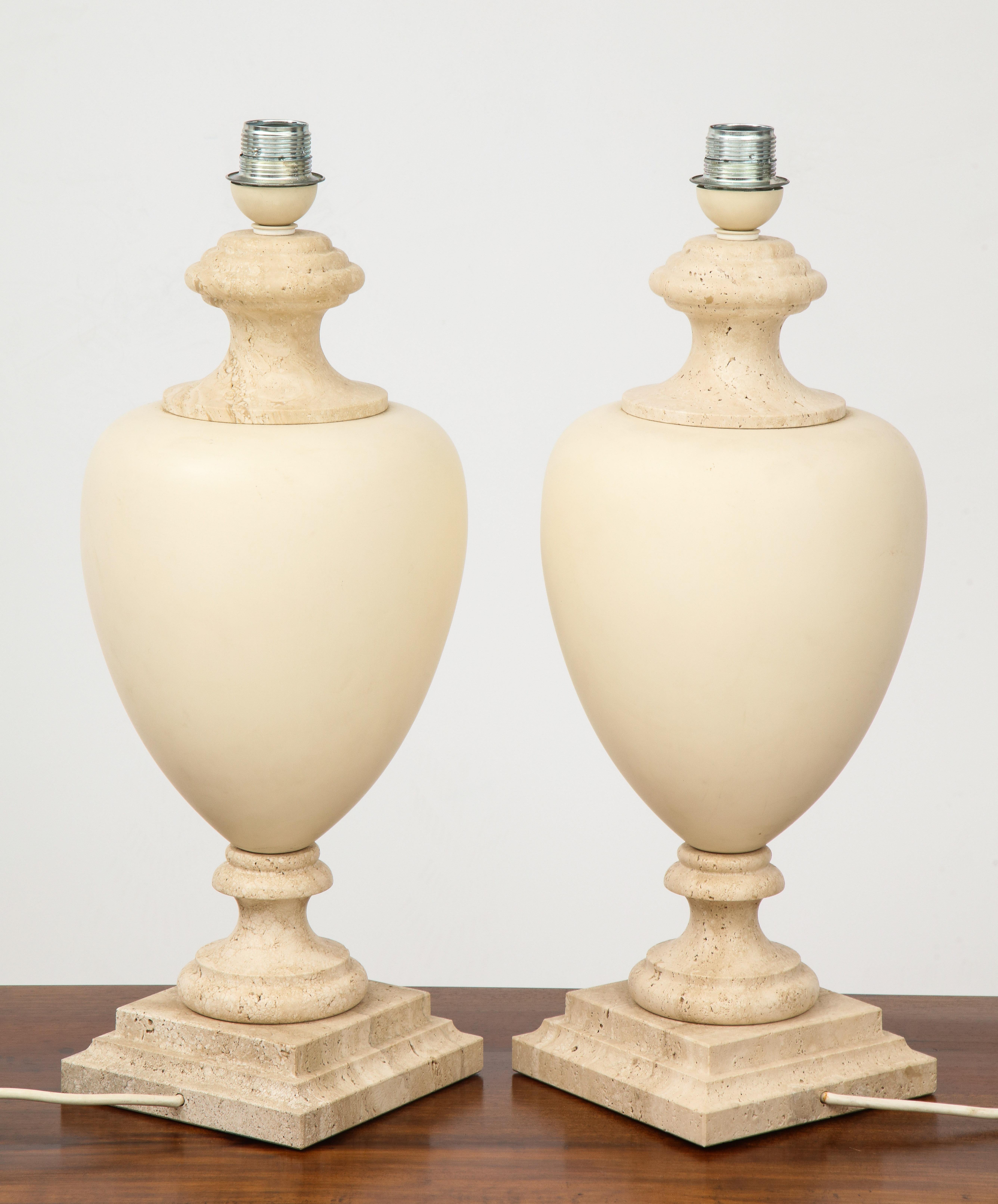 Pair of Italian Travertine and Ceramic Baluster Form Table Lamps 7