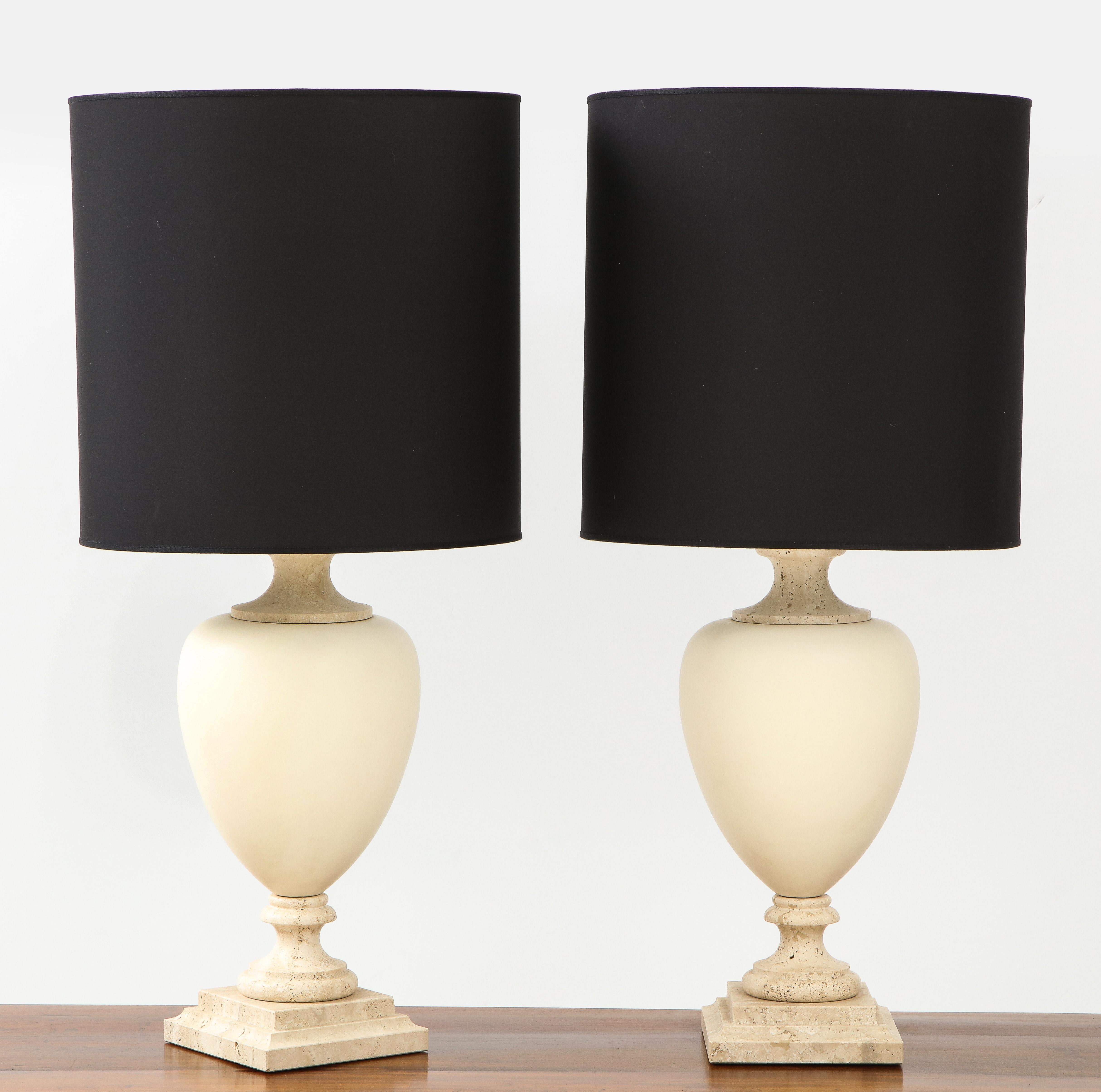 Pair of Italian travertine and ceramic baluster form table lamps, mounted on a square base. Includes custom black shades. (Re-wired for USA standards).
Italy, circa late 1970s-1980s
Size: 34 1/2