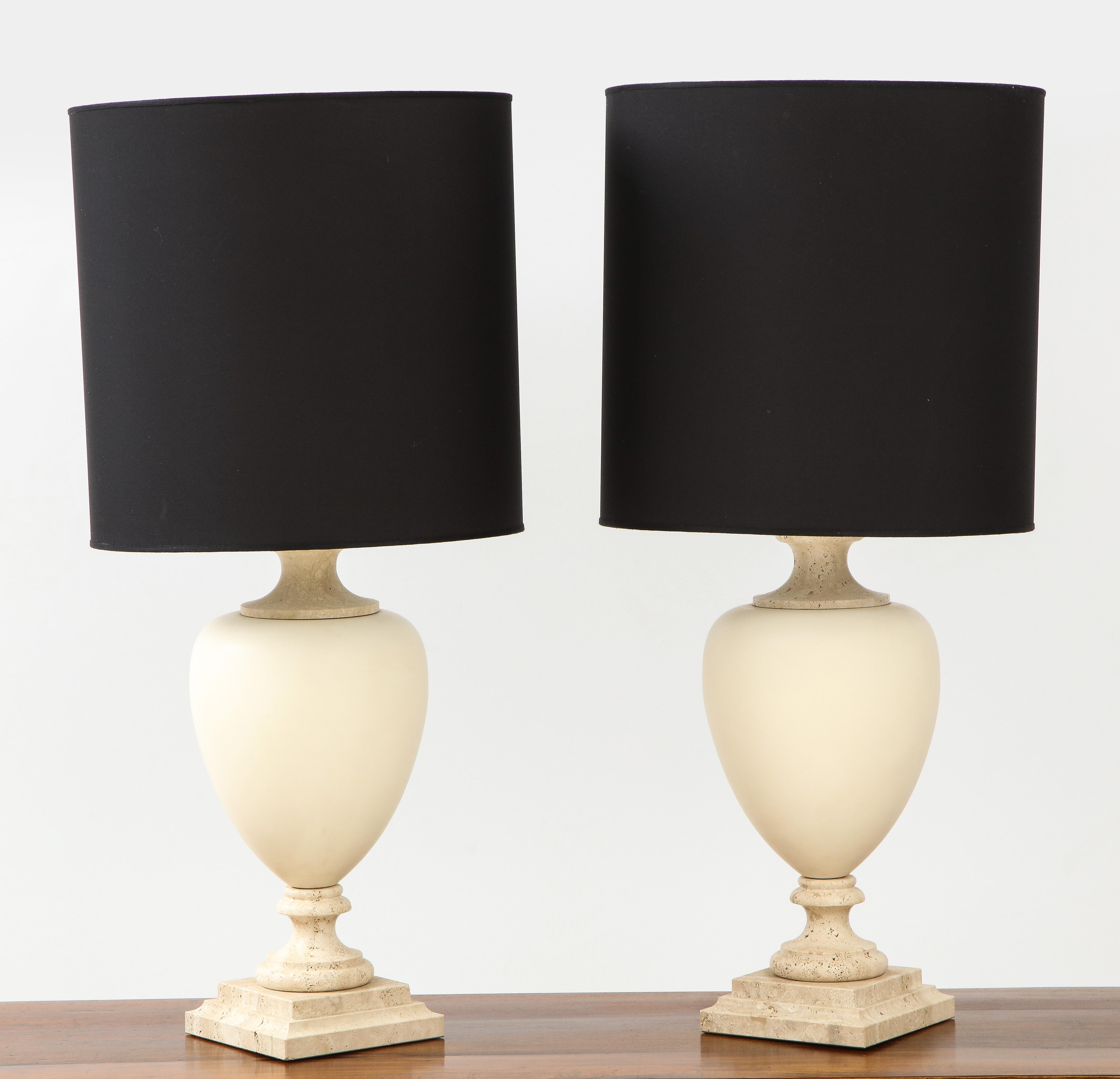 Pair of Italian Travertine and Ceramic Baluster Form Table Lamps In Excellent Condition In New York, NY