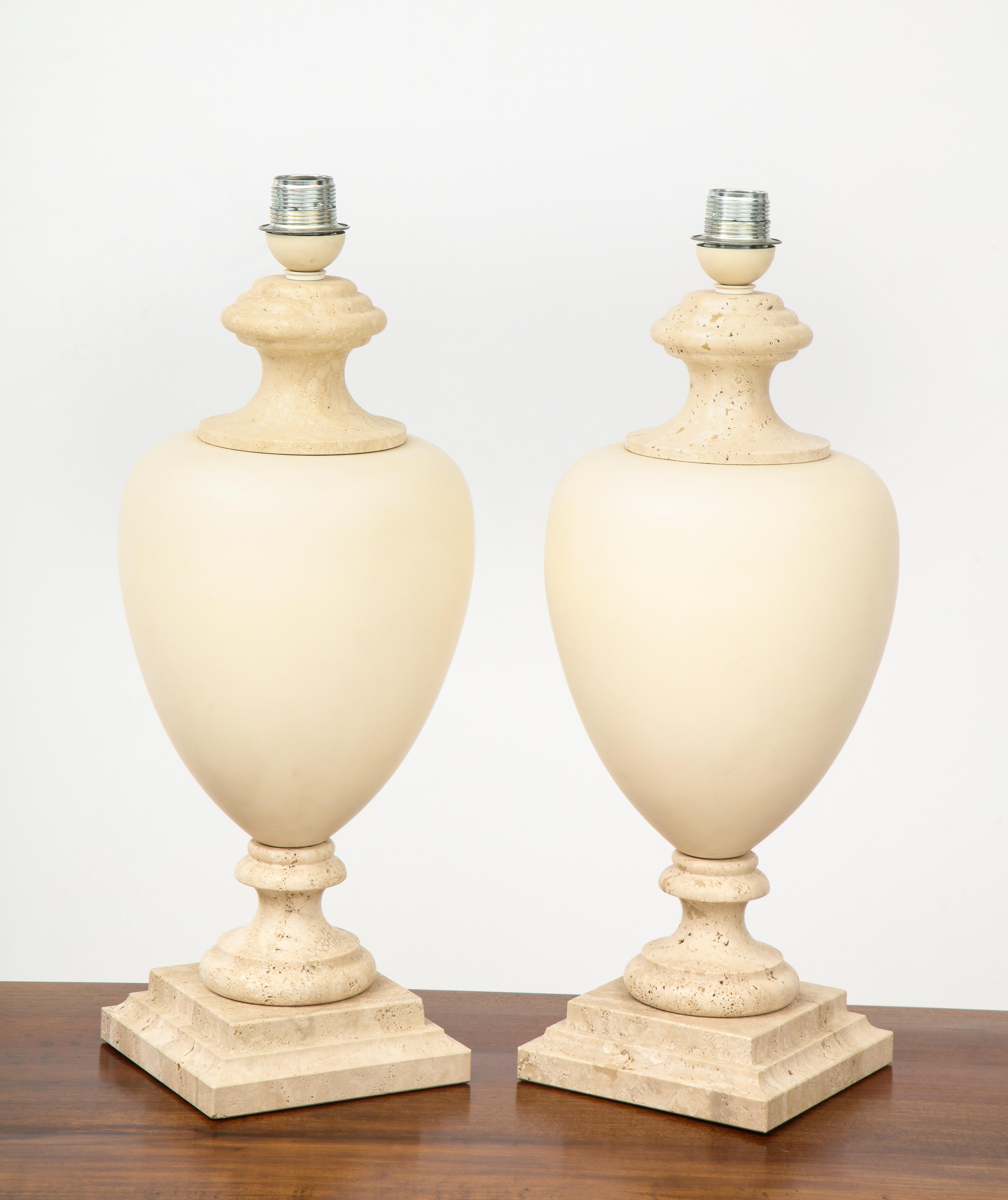 Late 20th Century Pair of Italian Travertine and Ceramic Baluster Form Table Lamps
