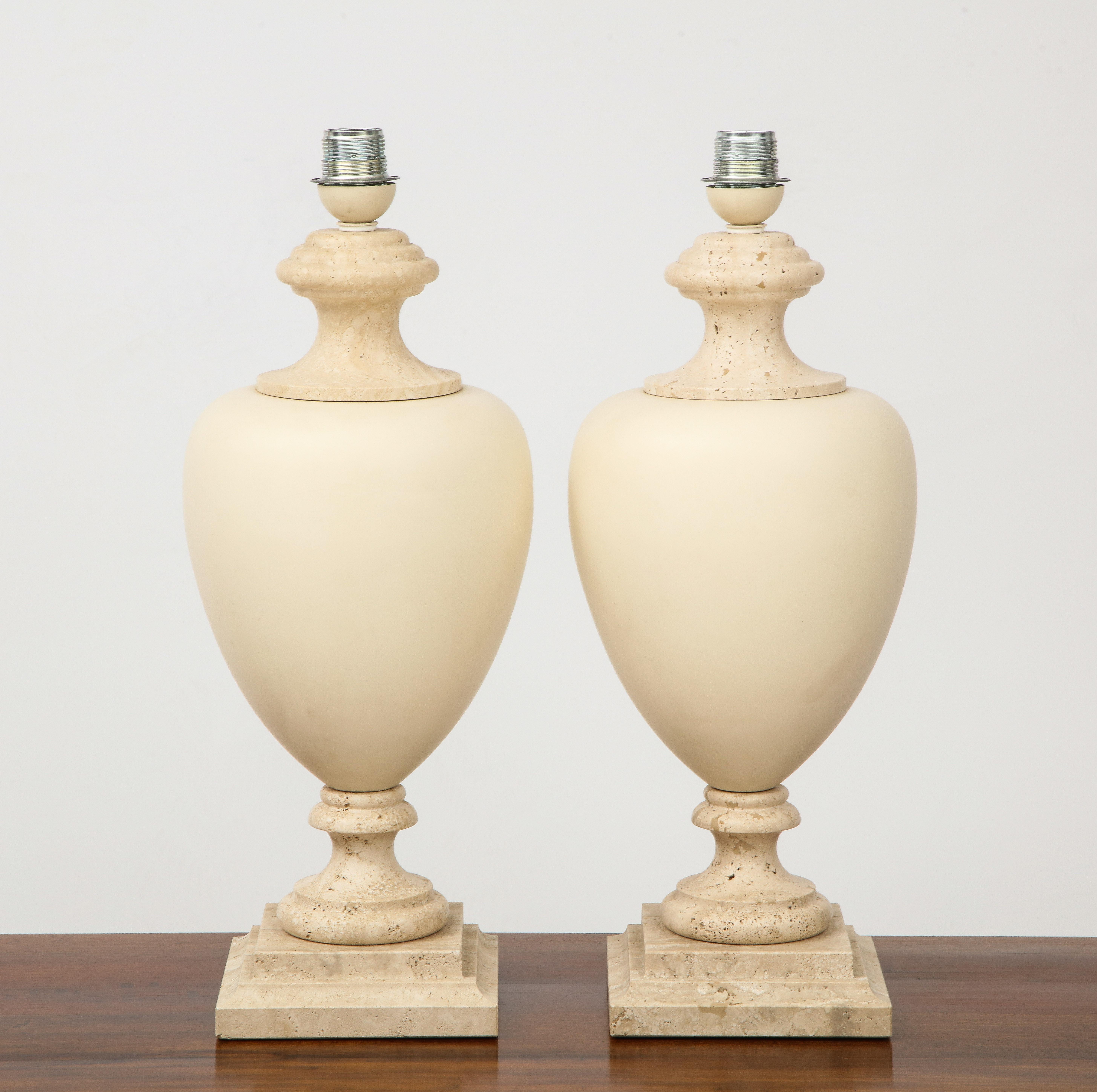 Pair of Italian Travertine and Ceramic Baluster Form Table Lamps 2