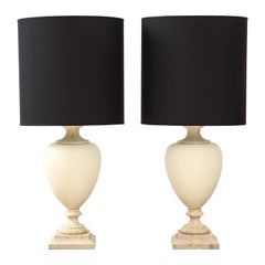 Pair of Italian Travertine and Ceramic Baluster Form Table Lamps