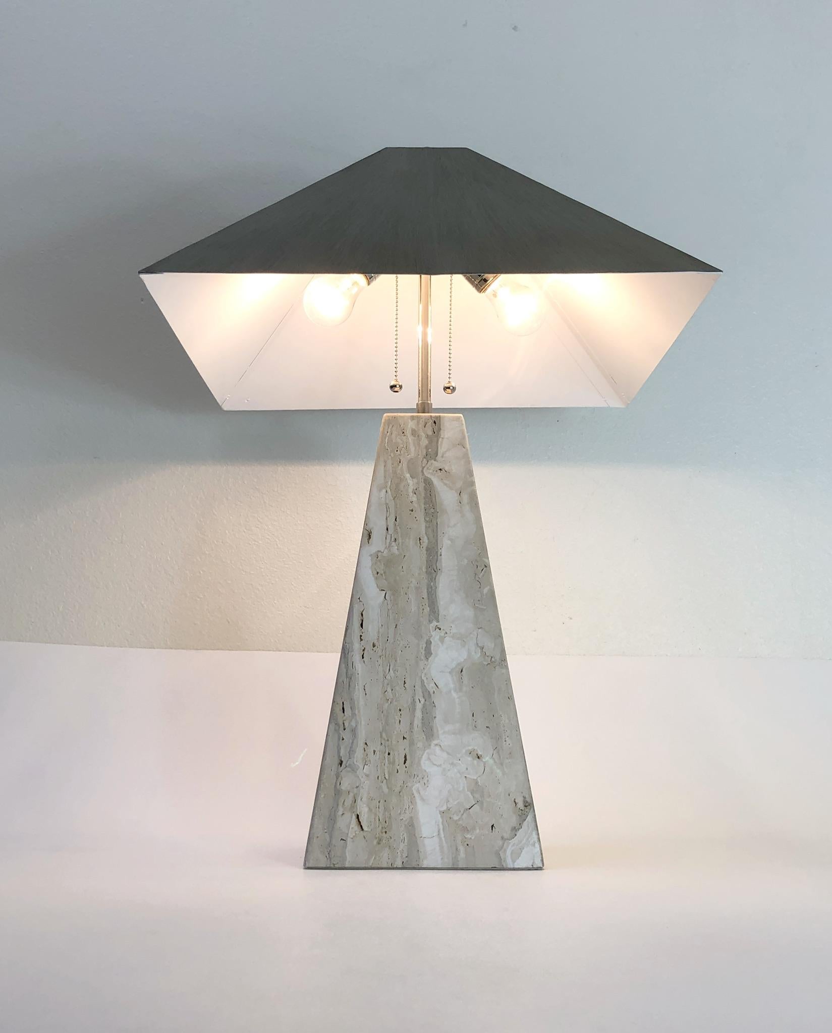 Pair of Italian Travertine and Polish Nickel Obelisk Shape Table Lamps  For Sale 8