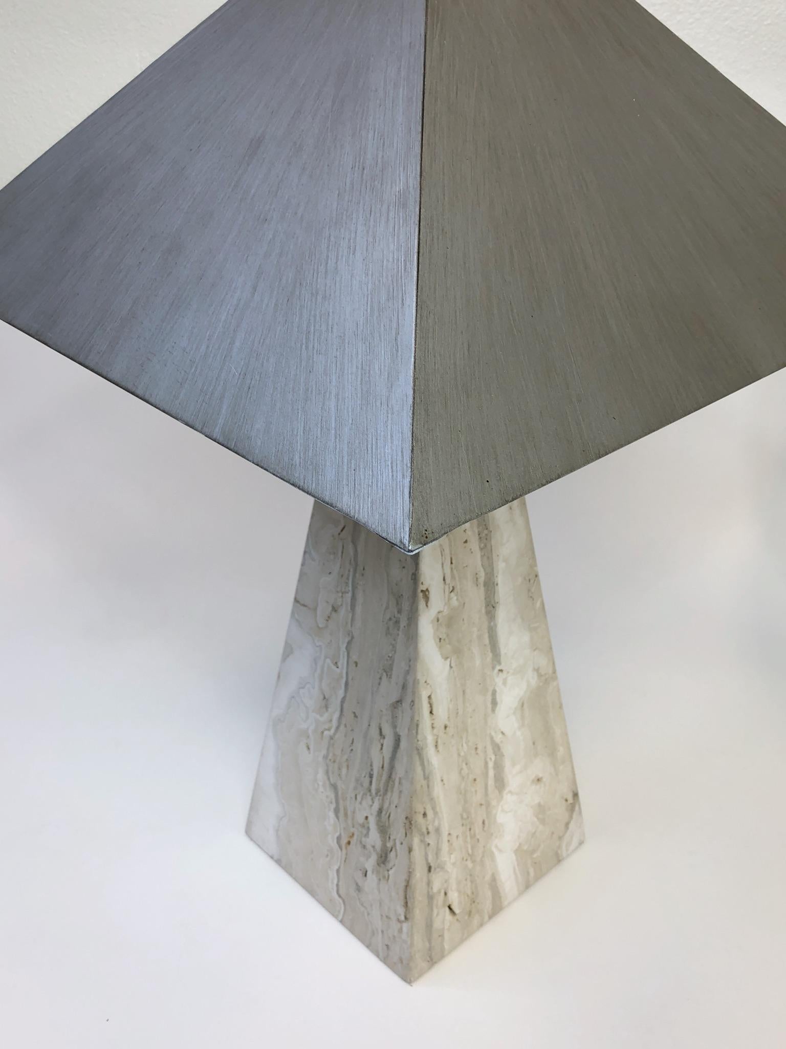 Pair of Italian Travertine and Polish Nickel Obelisk Shape Table Lamps  For Sale 1