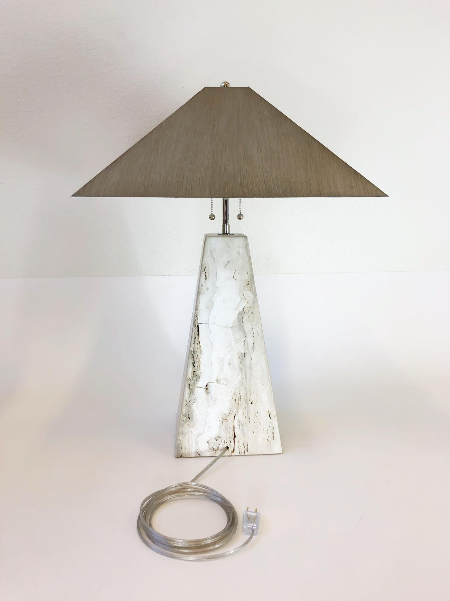 Pair of Italian Travertine and Polish Nickel Obelisk Shape Table Lamps  For Sale 3