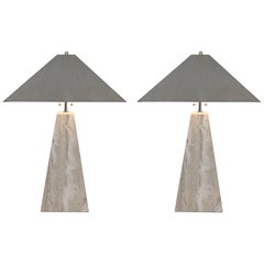 Pair of Italian Travertine and Polish Nickel Obelisk Shape Table Lamps 