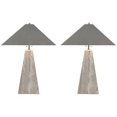 Pair of Italian Travertine and Polish Nickel Obelisk Shape Table Lamps