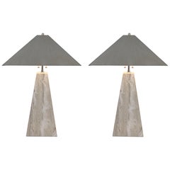 Vintage Pair of Italian Travertine and Polish Nickel Obelisk Shape Table Lamps 