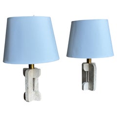Pair of Italian Travertine Base and Brass Table Lamp by Fratelli Mannelli