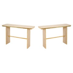 Pair of Italian Travertine Console Tables with Brass Details, Contemporary