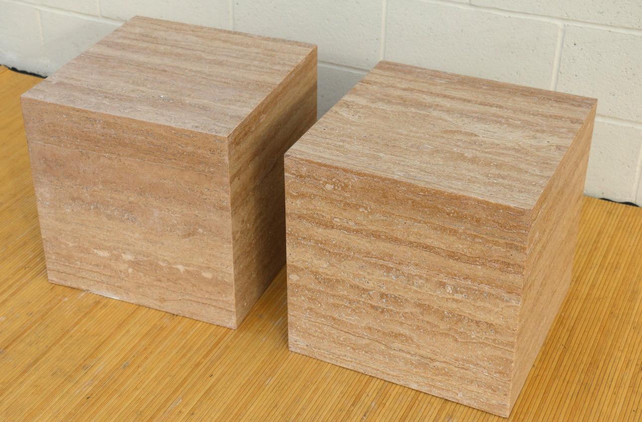 Wonderful pair of Mid-Century Modern Italian cube pedestals made of travertine, from the 1970’s. They can be used as end tables, or pedestals. This cube travertines are in good condition. They have no damages, no chips, no cracks or broken parts.