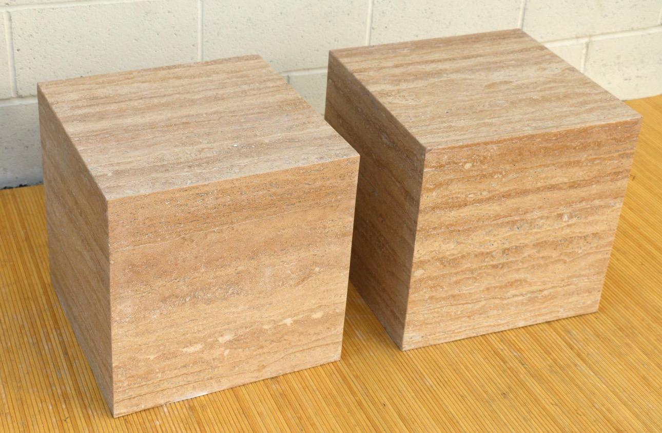 Pair of Italian Travertine Cube Pedestals/ Side Tables In Good Condition For Sale In North Hollywood, CA