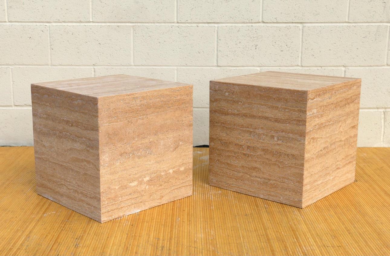 Late 20th Century Pair of Italian Travertine Cube Pedestals/ Side Tables For Sale