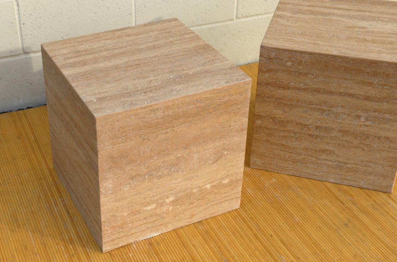 Pair of Italian Travertine Cube Pedestals/ Side Tables For Sale 1