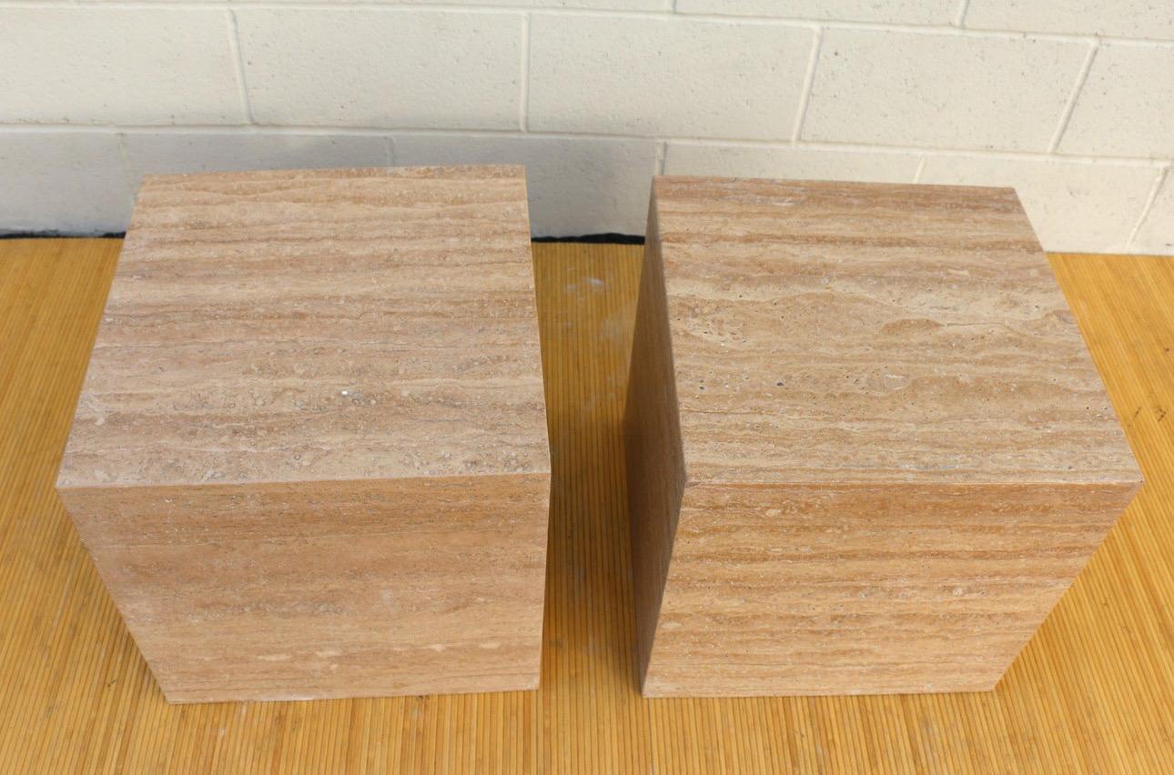 Pair of Italian Travertine Cube Pedestals/ Side Tables For Sale 2