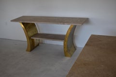 Pair of Italian Travertine Marble and Hammered Brass Console Tables, 1970s