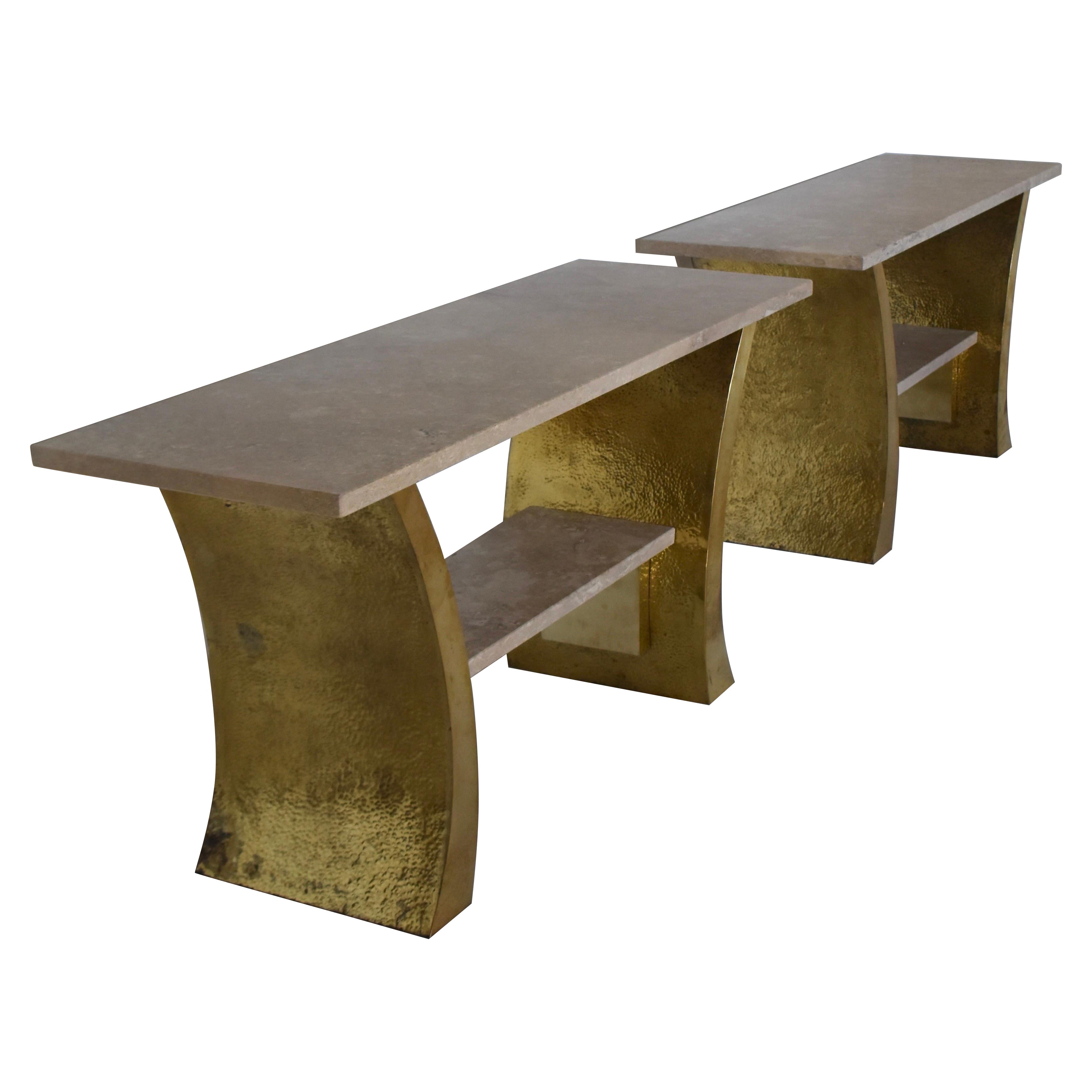 Pair of Italian Travertine Marble and Hammered Brass Console Tables, 1970s For Sale