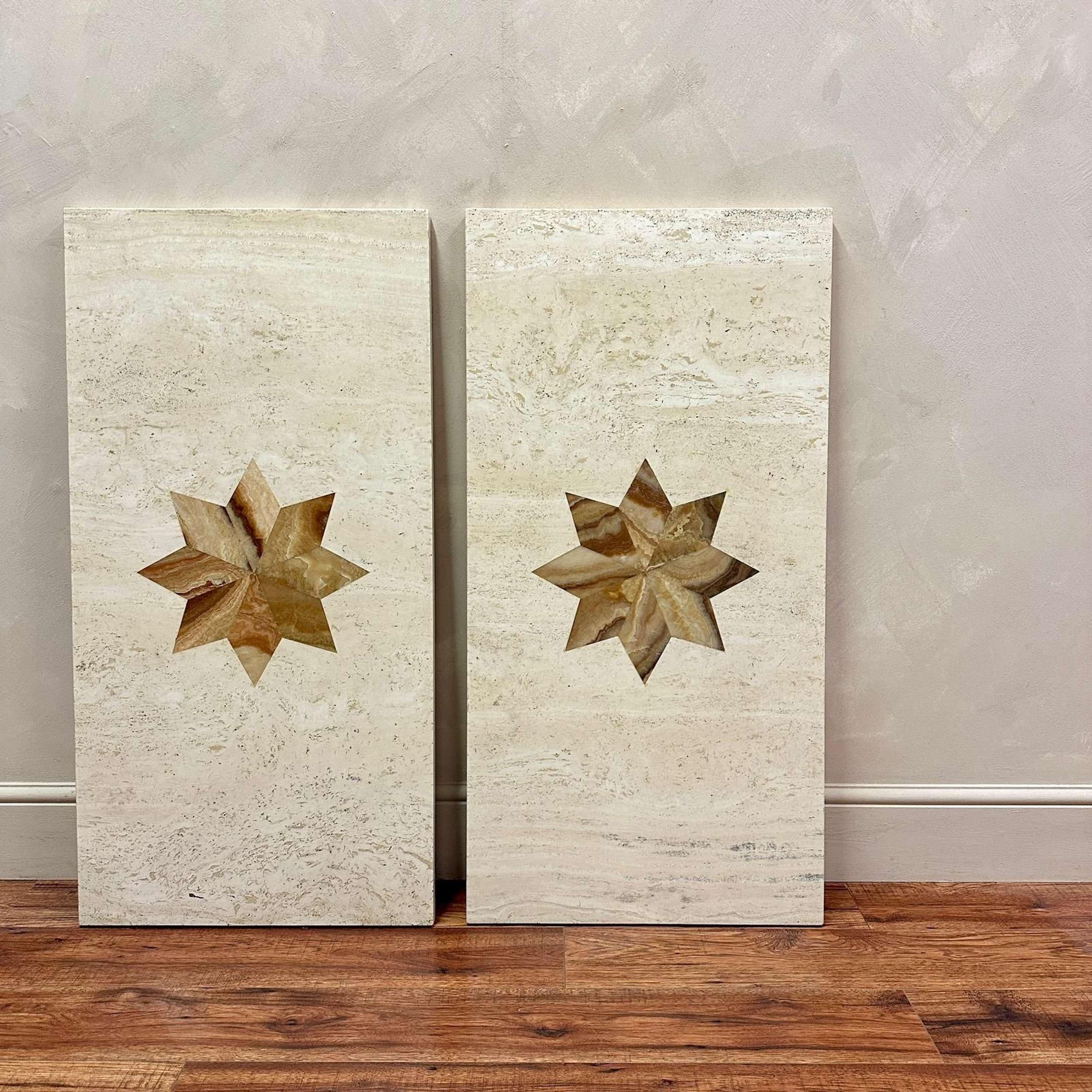 A pair of heavy travertine and marble inlay tops.
Great condition with polished sides.
These would be great for a pair of consoles. 
Italy - 1950's 

Length - 112 cm
Width - 56 cm
Depth - 3 cm 
Please message if any further info or photos are