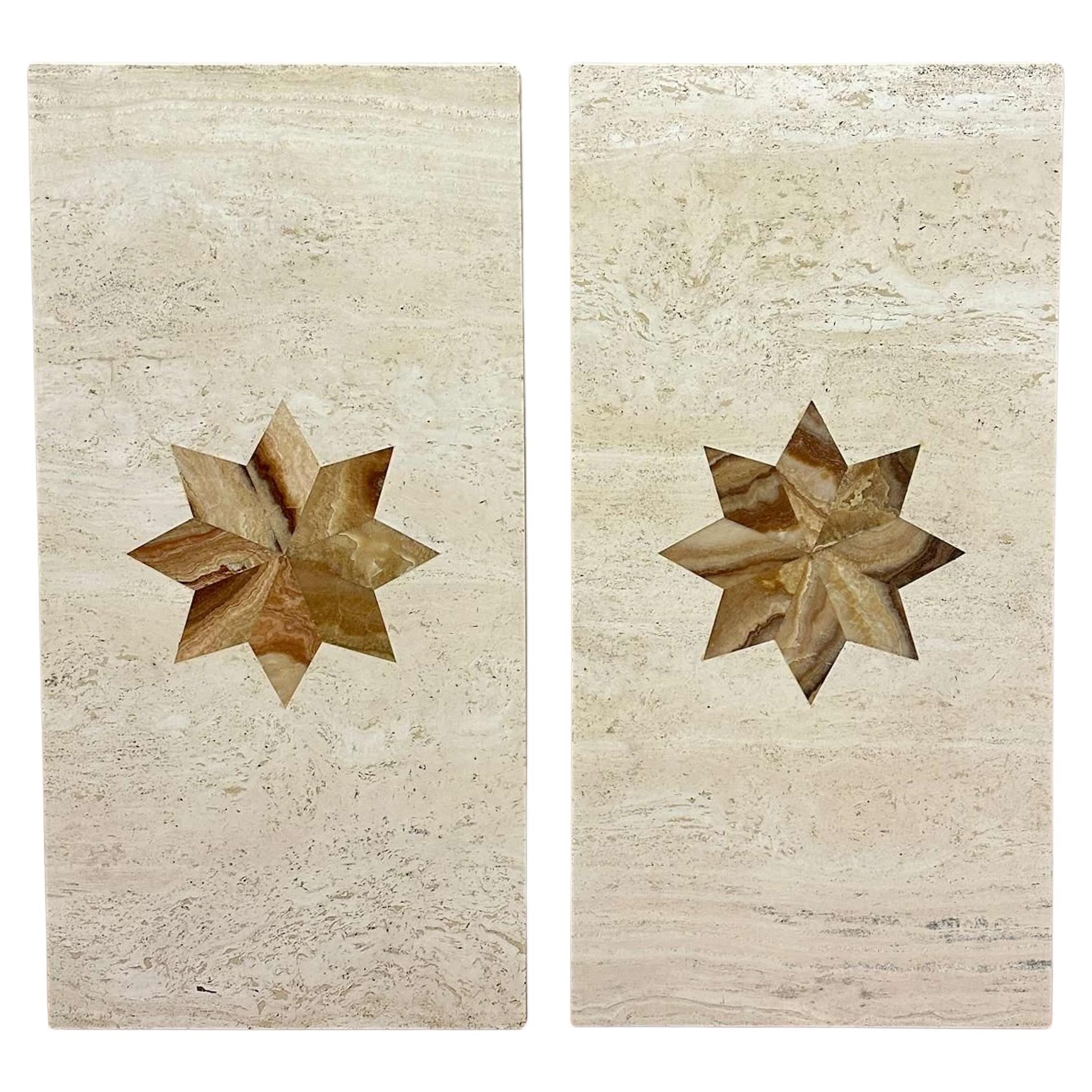 Pair of Italian Travertine & Marble Inlay Console Tops  For Sale