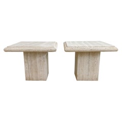 Pair of Italian Travertine Marble Mid Century Pedestal End or Side Tables