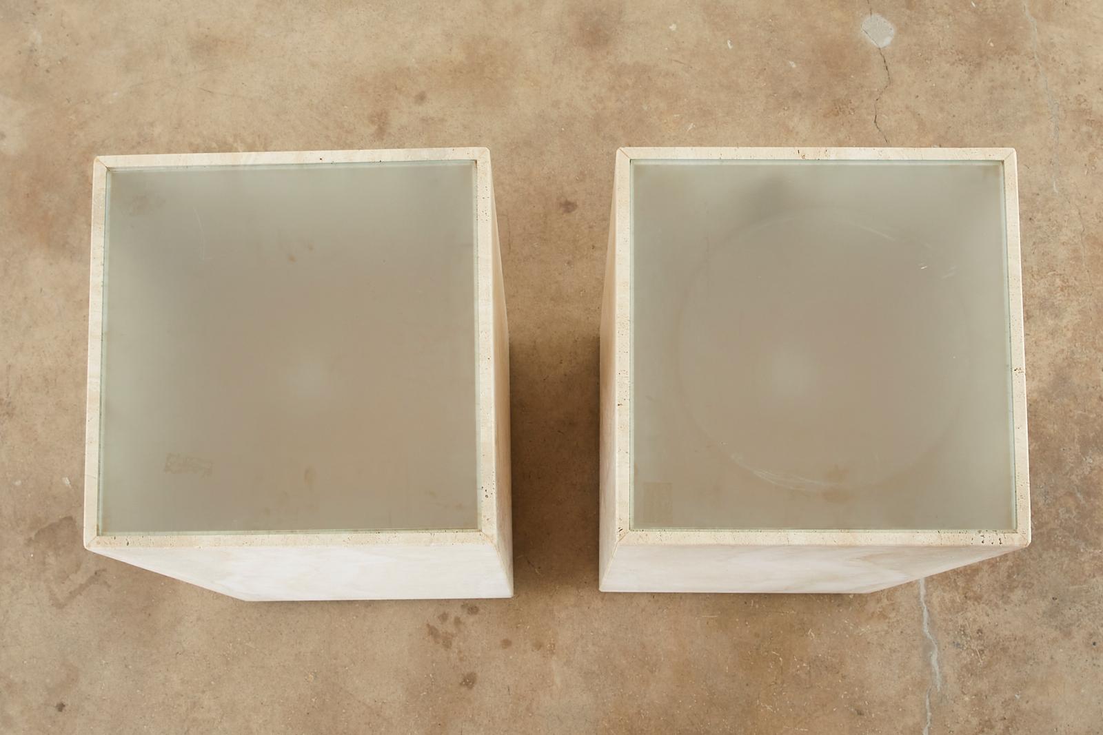 Frosted Pair of Italian Travertine Pedestal Display Tables