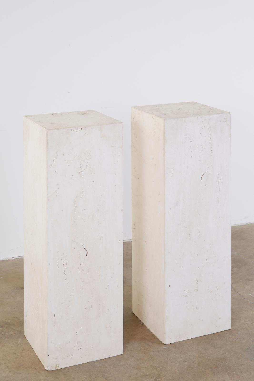 Pair of Italian Travertine Pedestal Table Displays In Good Condition In Rio Vista, CA