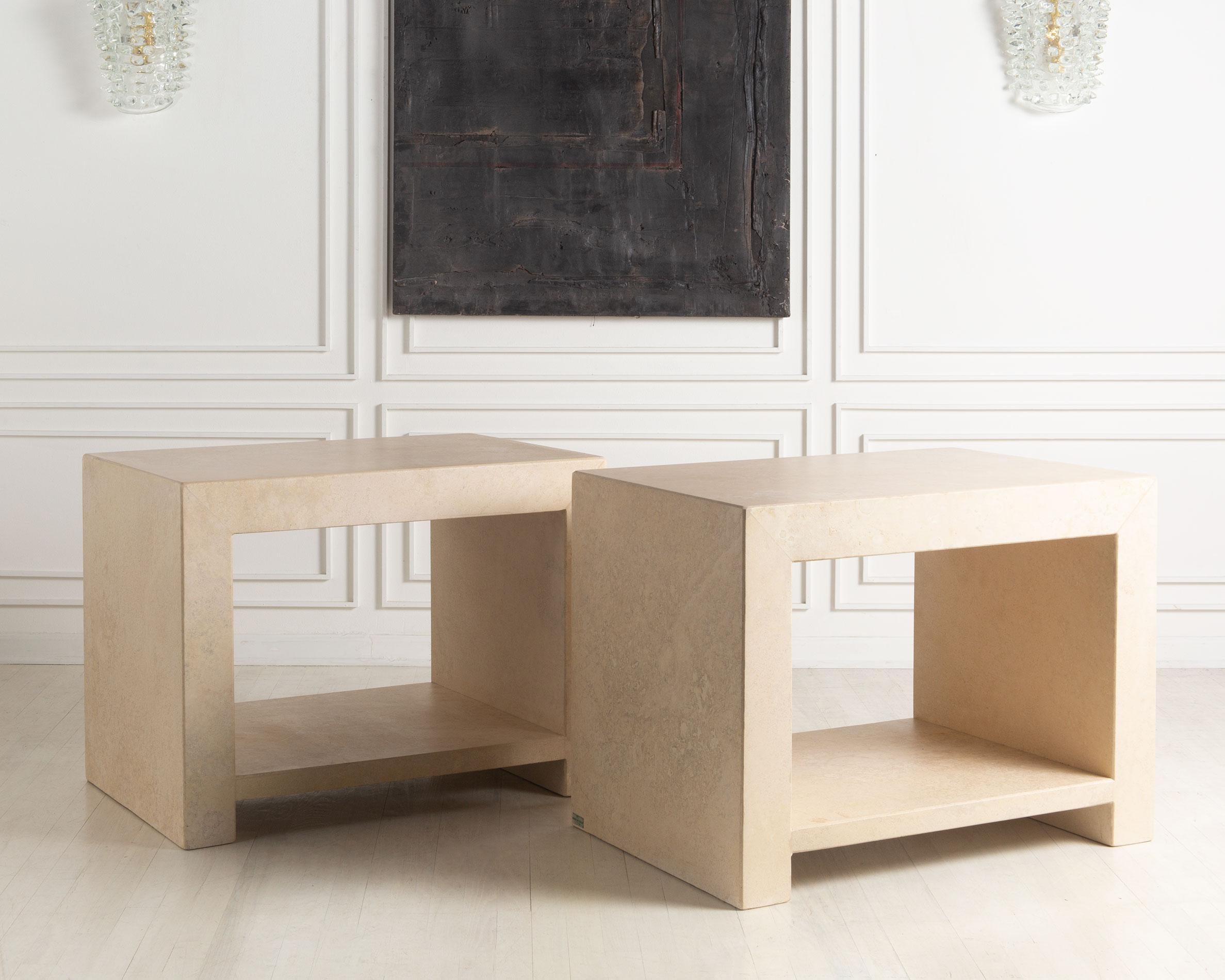 A large scale set of Italian Travertine side tables produced by CIM, Italy. Beautiful, thick travertine and a single shelf for accessorizing or storage. These would be fantastic in a living room or bedroom as nightstands.