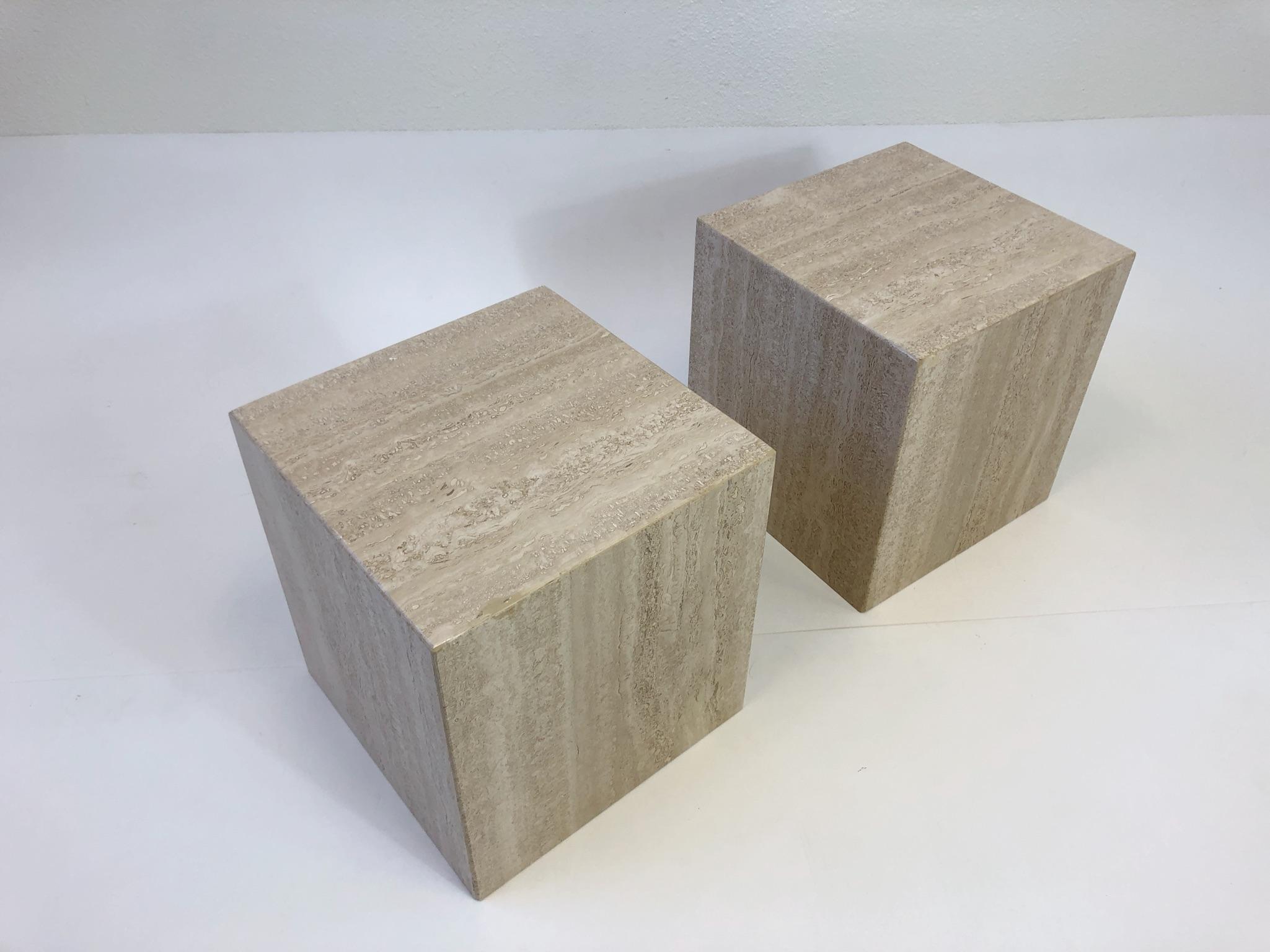 Polished Pair of Italian Travertine Side Tables