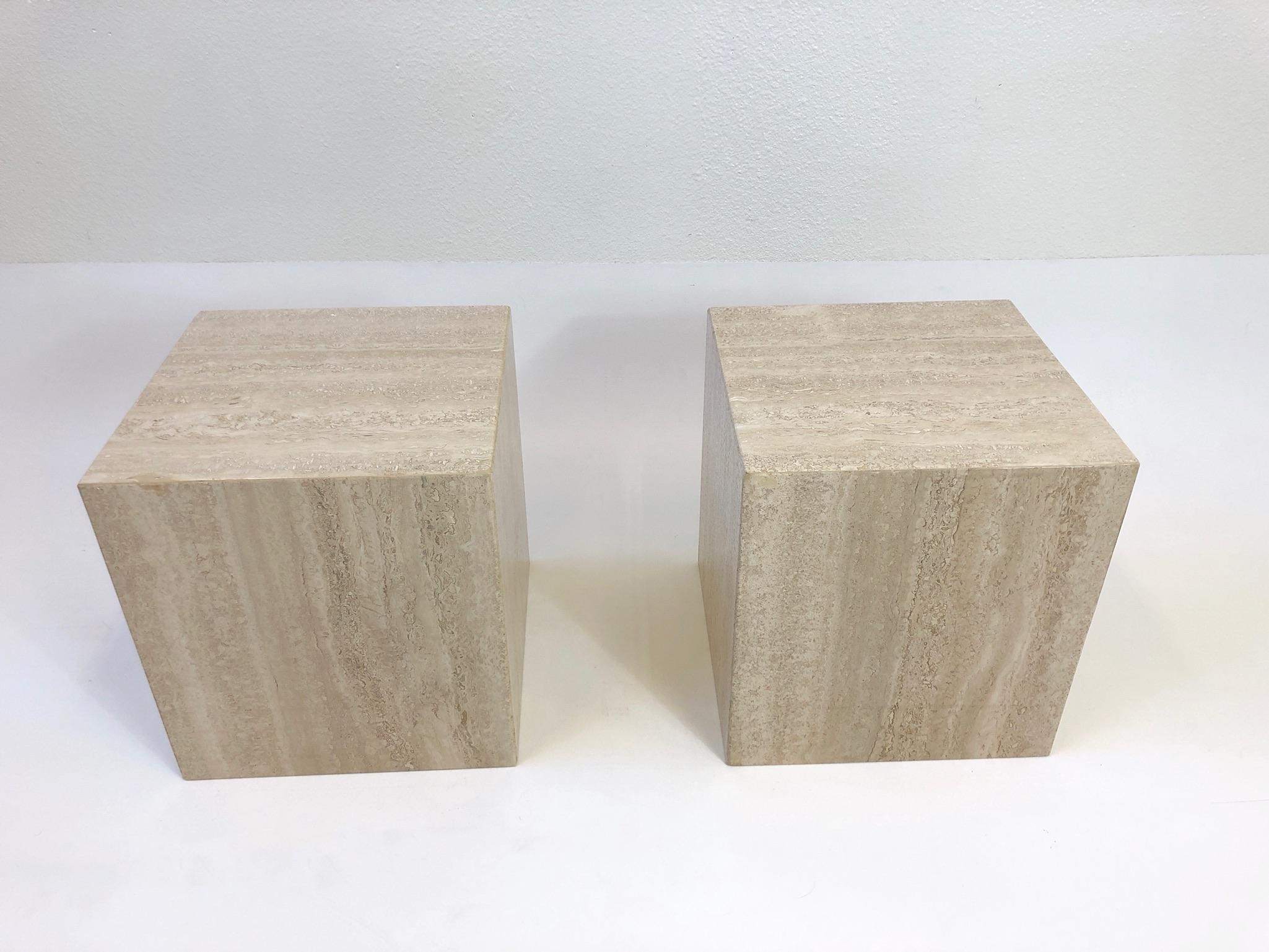 Late 20th Century Pair of Italian Travertine Side Tables