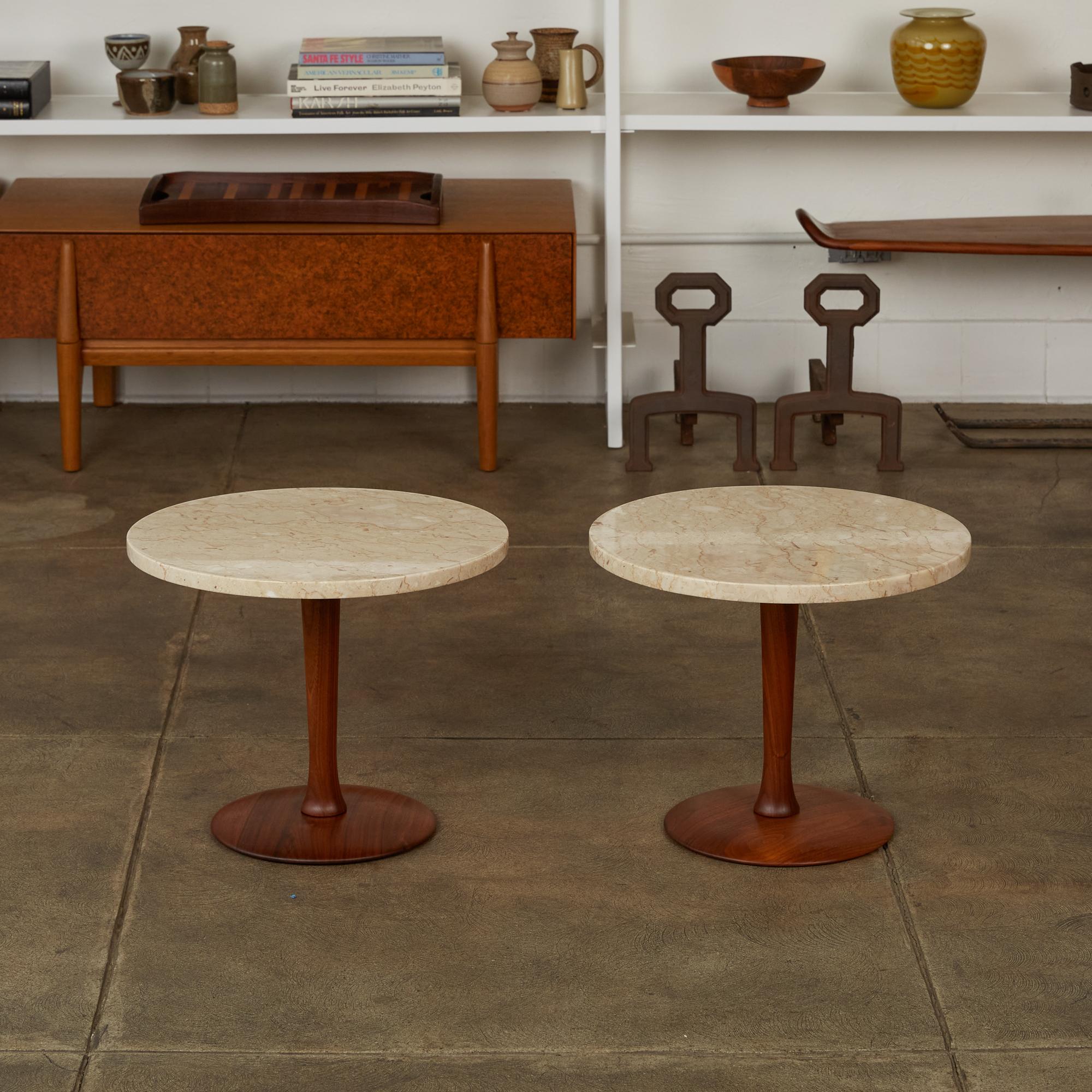 Mid-Century Modern Pair of Italian Marble Side Tables with Turned Walnut Bases