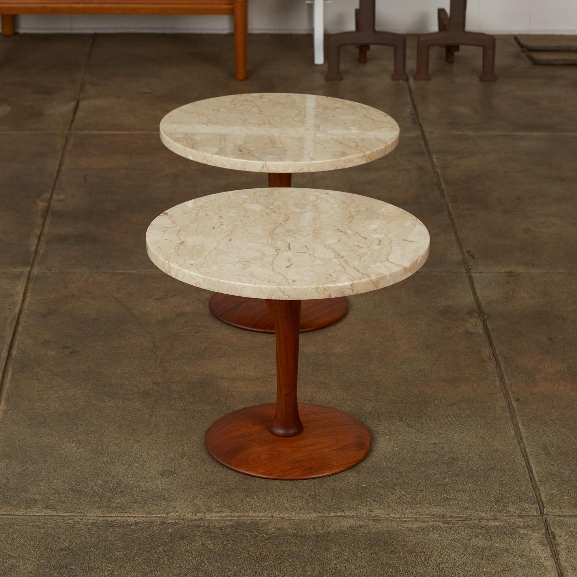 20th Century Pair of Italian Marble Side Tables with Turned Walnut Bases
