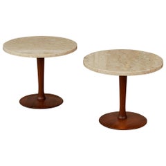 Pair of Italian Marble Side Tables with Turned Walnut Bases