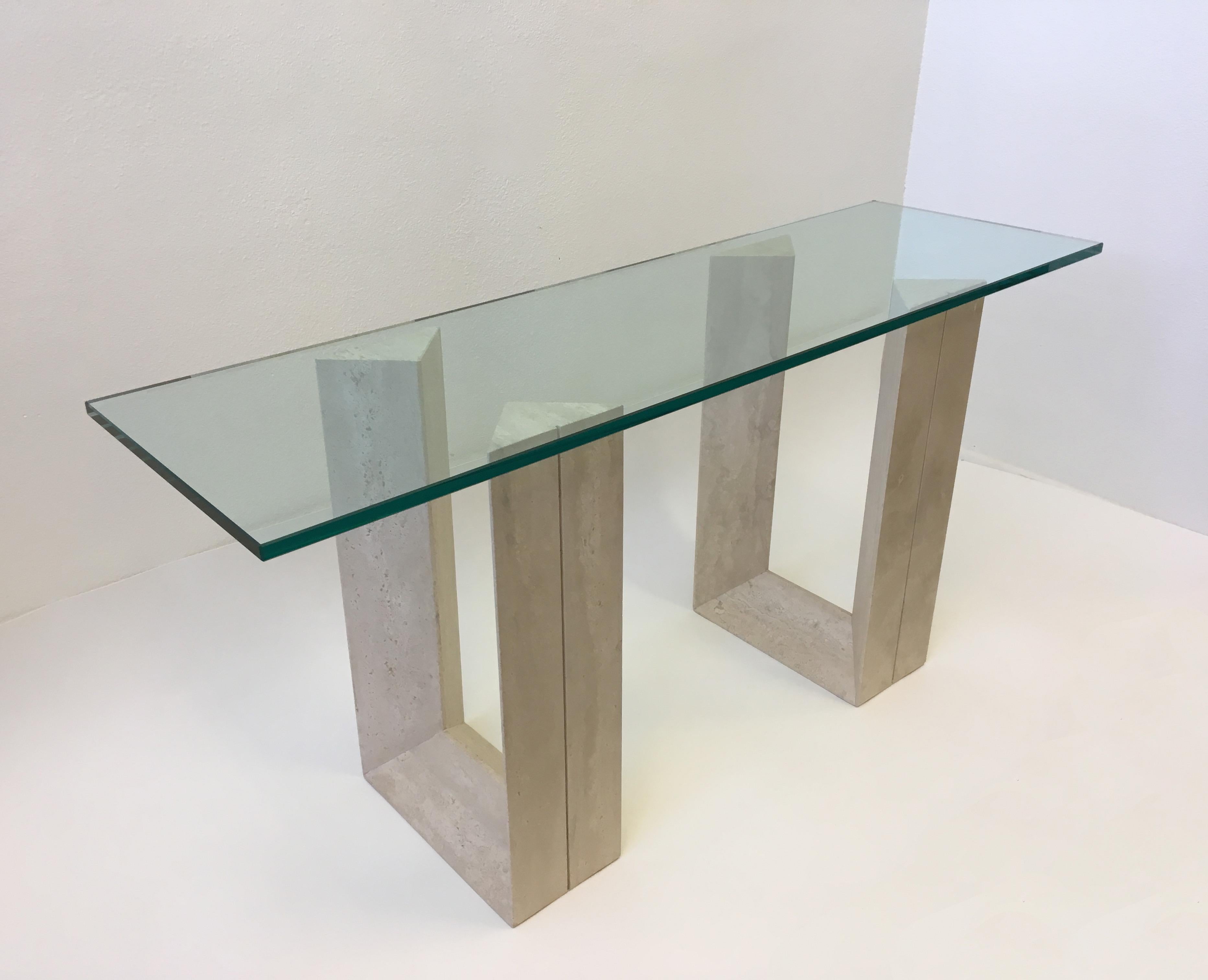 Moderne Paire de bases de table italiennes en travertin par Cattelan en vente