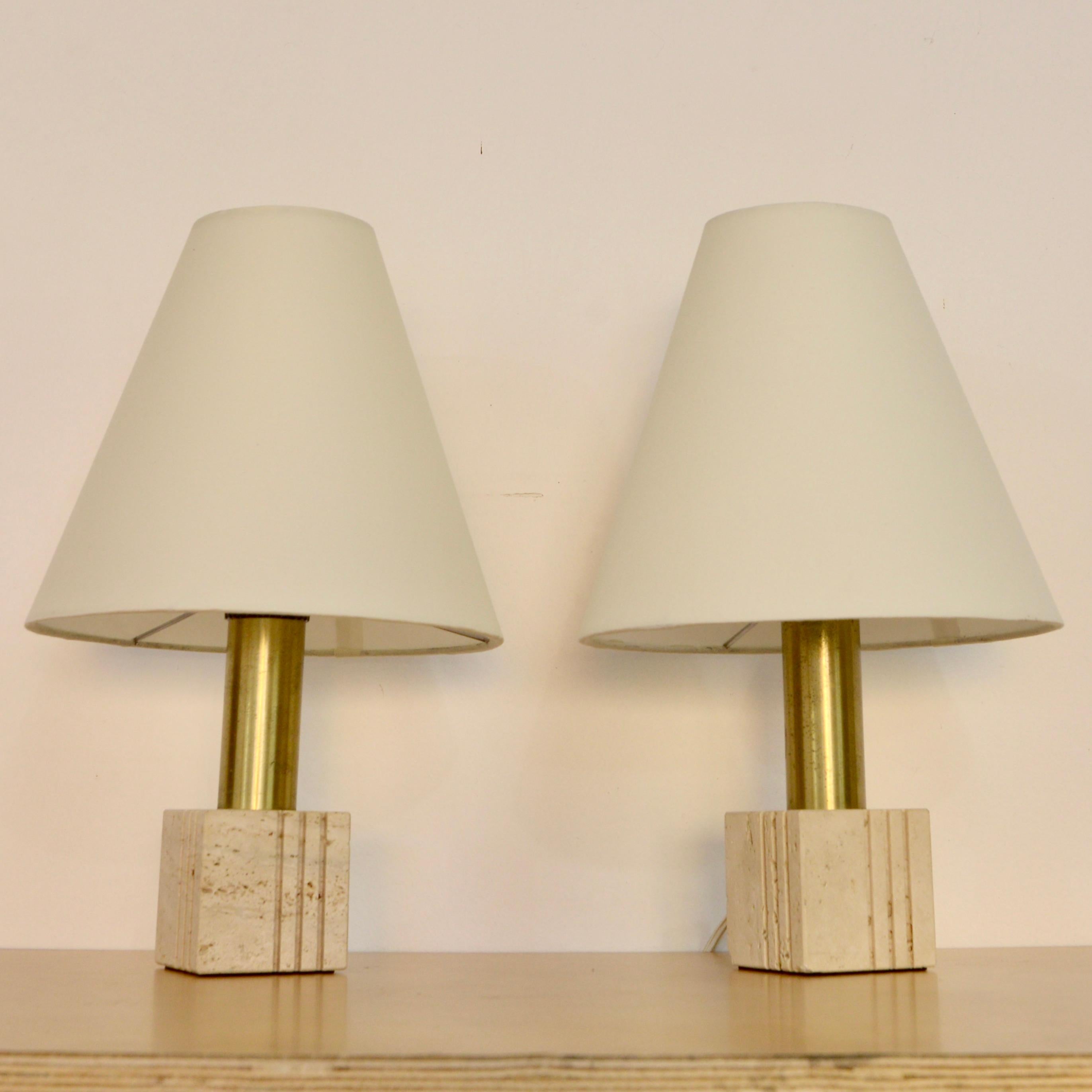 Brass Pair of Italian Travertine Table Lamps