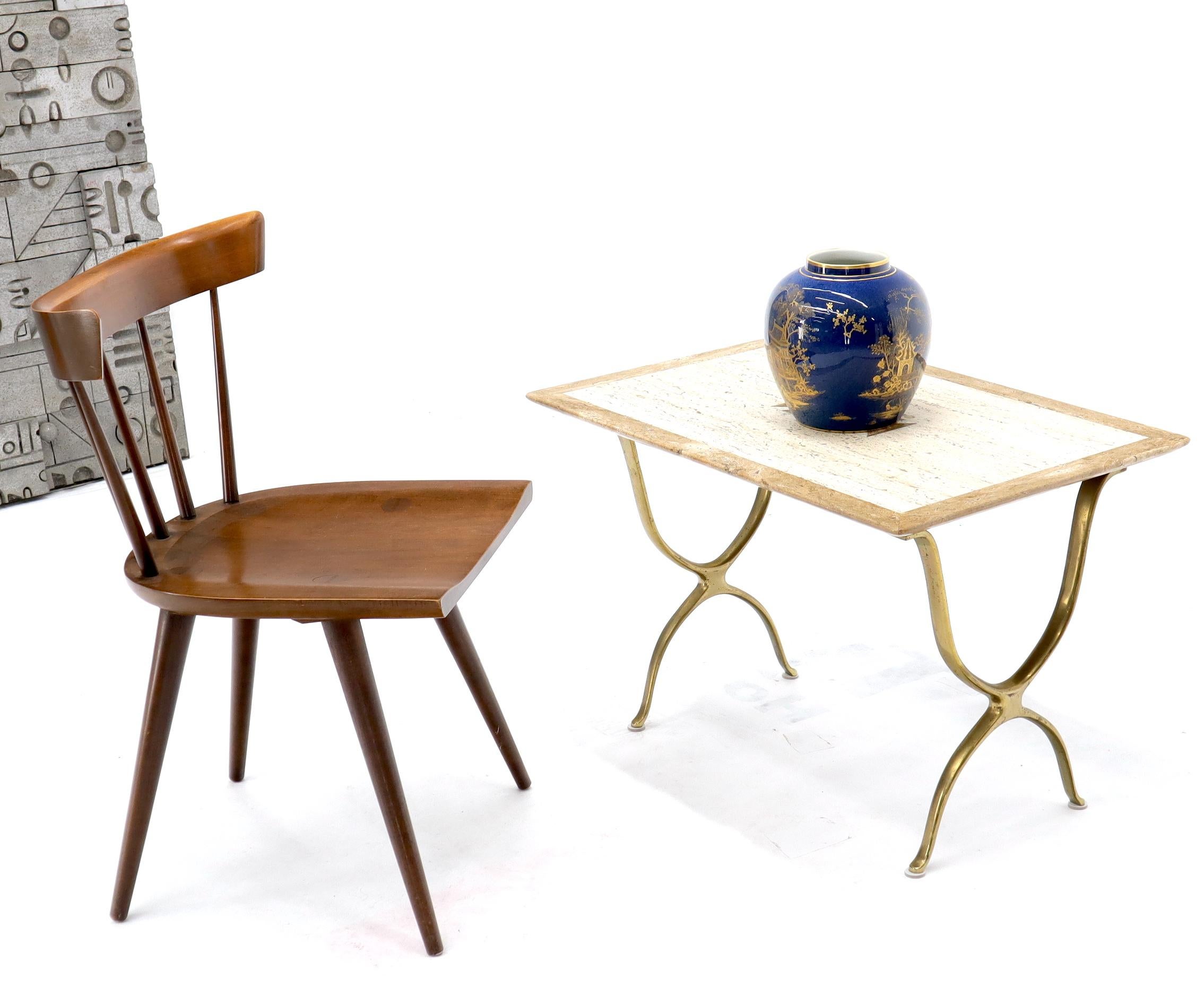 Midcentury Italian modern inlay decorated travertine top side end tables on bent X-bases. High quality decorative occasional tables in mint condition.