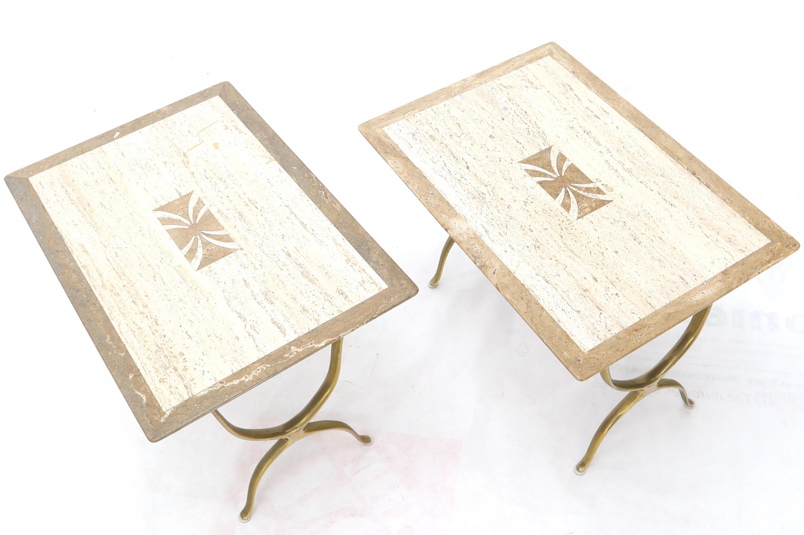 Pair of Italian Travertine Top X-Shape Base End Side Tables In Excellent Condition For Sale In Rockaway, NJ