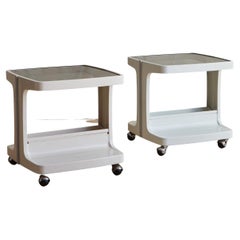 Vintage Pair of Italian Trolley Side Tables with Smoked Glass Attributed to Joe Colombo