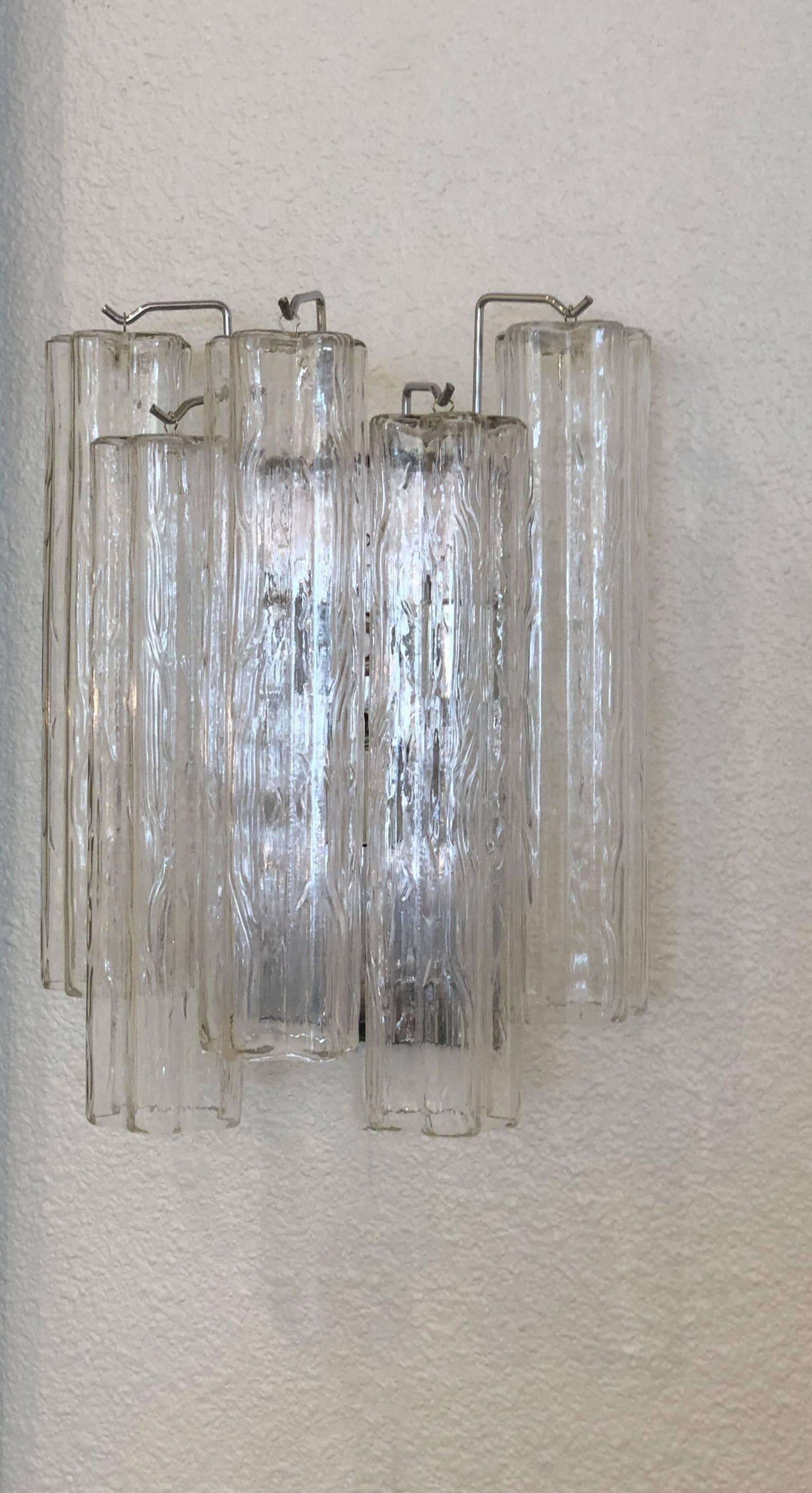Modern Pair of Italian Tronchi Murano Glass and Chrome Wall Sconces by Venini