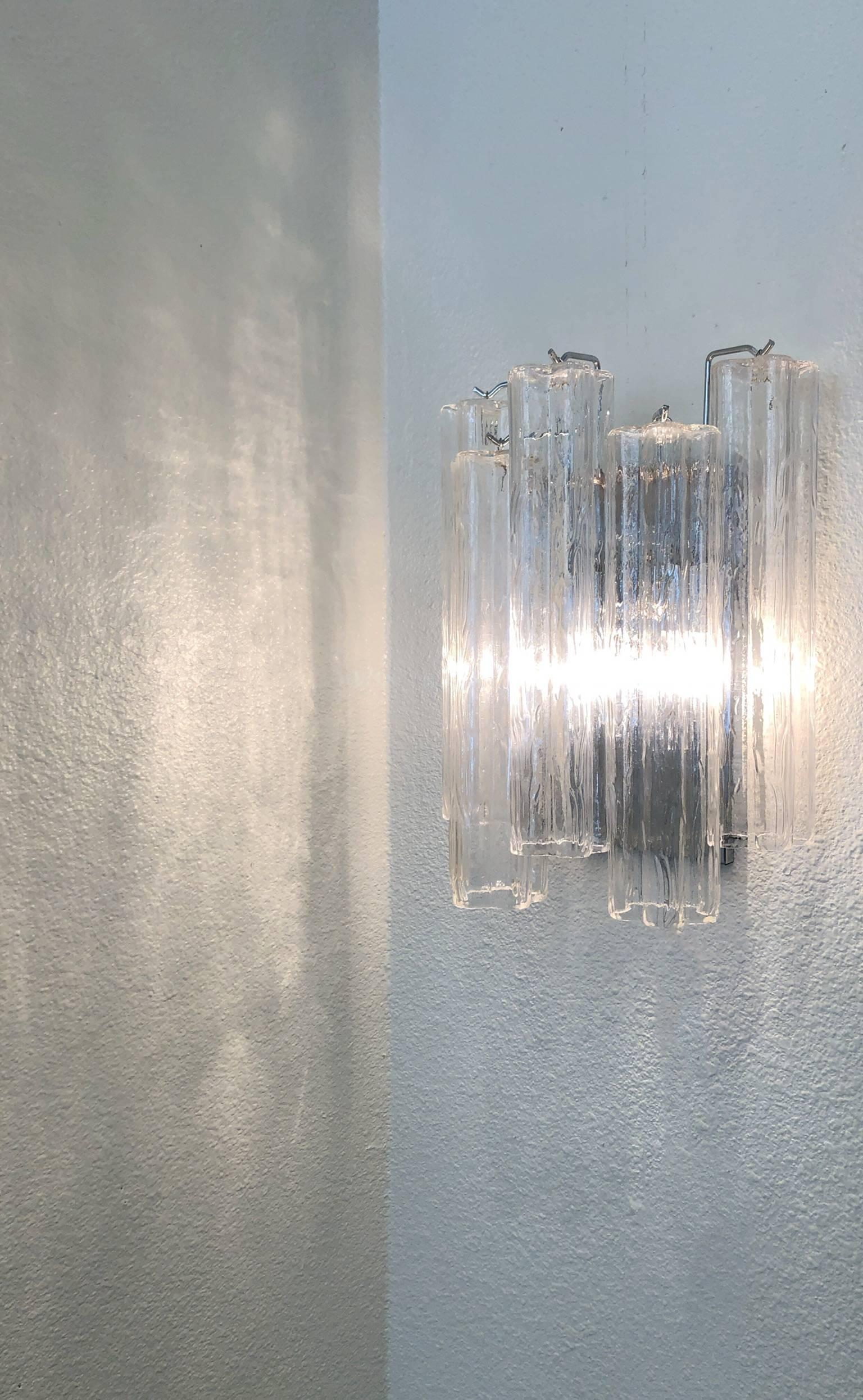 Polished Pair of Italian Tronchi Murano Glass and Chrome Wall Sconces by Venini