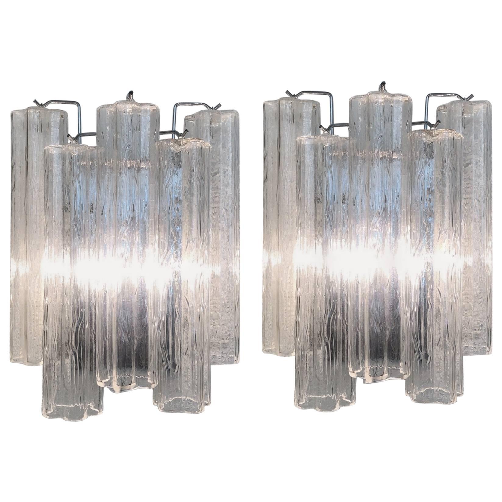 Pair of Italian Tronchi Murano Glass and Chrome Wall Sconces by Venini