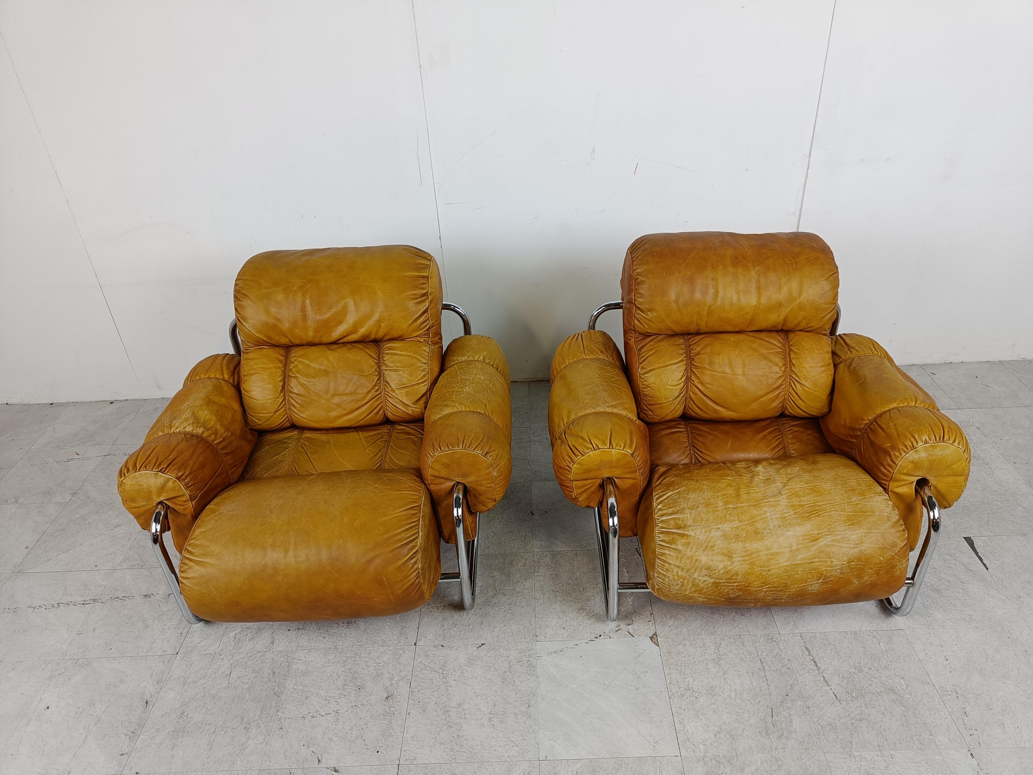 Leather Pair of Italian “Tucroma” Armchairs by Guido Faleschini, 1970s