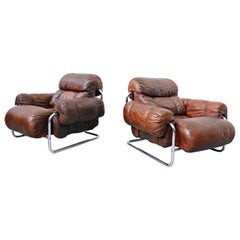 Pair of Italian leather “Tucroma” Armchairs by Guido Faleschini, Mariani, 1970s